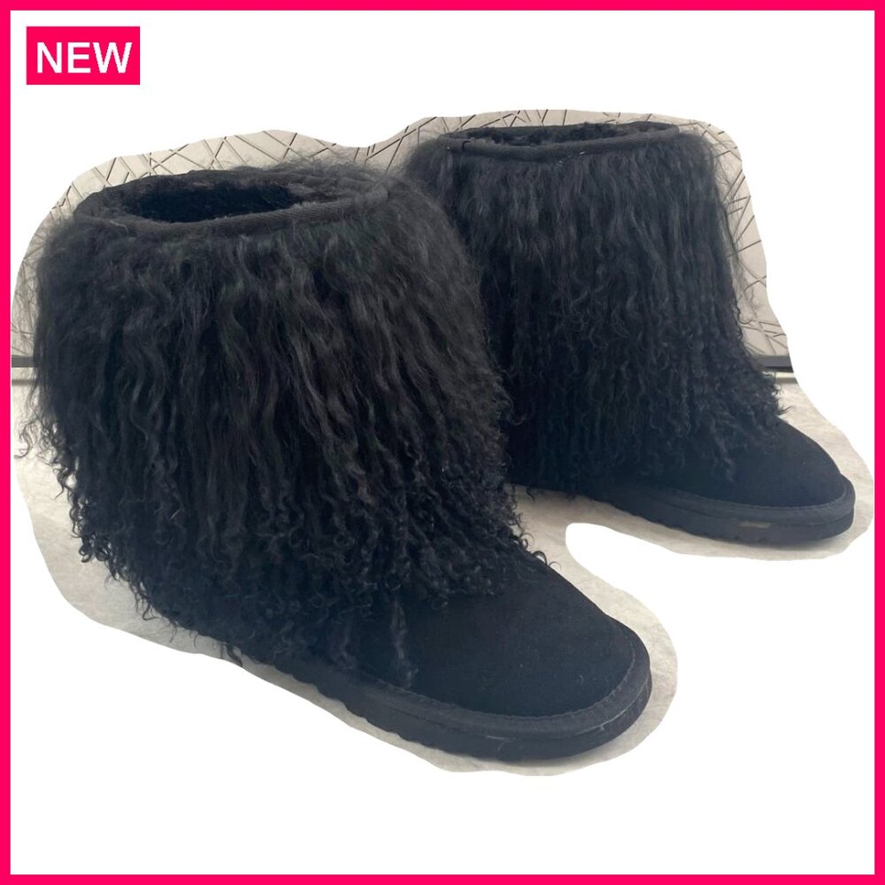 Real Mongolian Sheep Fur Mid-Calf Snow Boots Flat Heel Slip-On Winter